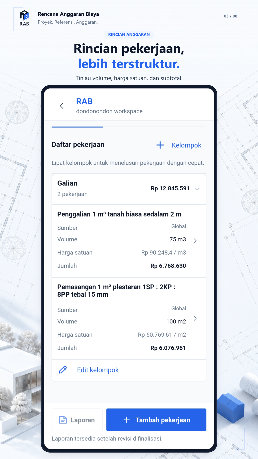 Rincian pekerjaan dan biaya di aplikasi mobile RAB